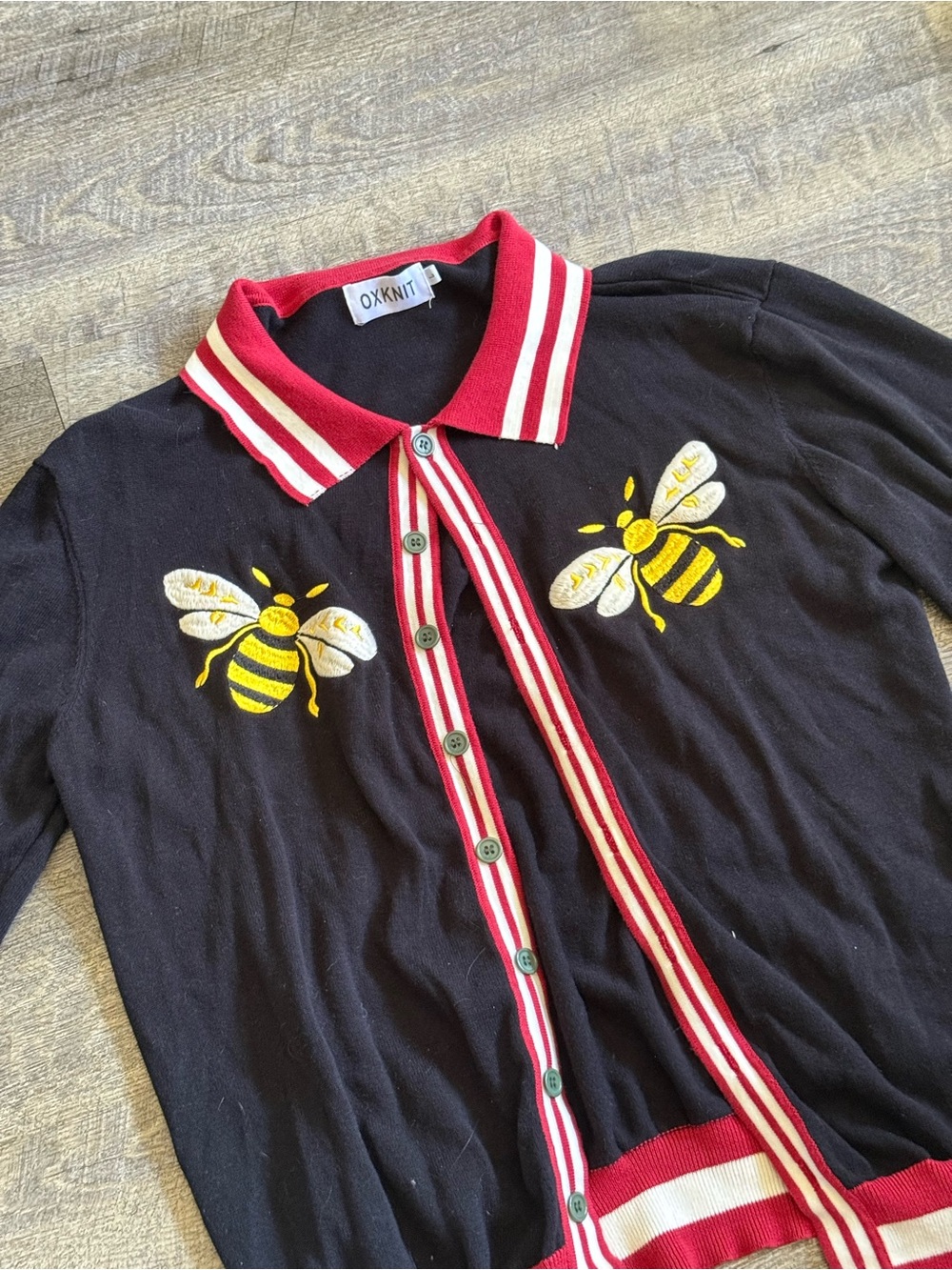 Black Bee Embroidered Knit Cardigan with Red Trim - Picture 3 of 4